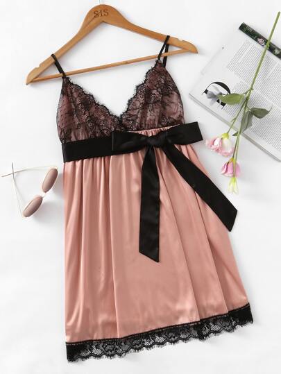 Eyelash Lace Detail Bow Waist Nightdress