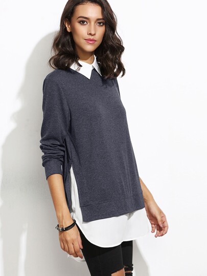Contrast Collar Curved Hem 2 In 1 Pullover