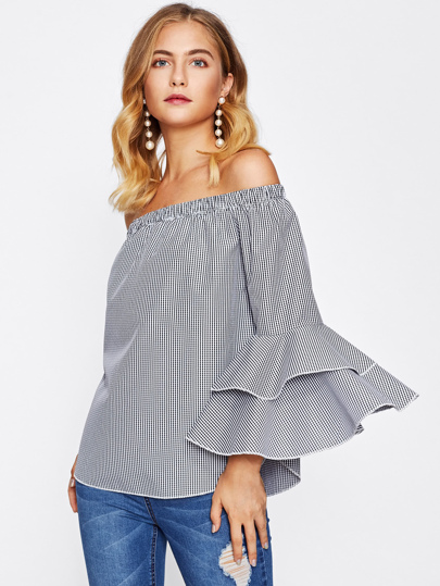 Bardot Tiered Flute Sleeve Curved Hem Gingham Top