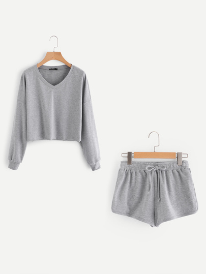 Dropped Shoulder Heathered Pullover And Dolphin Hem Shorts Set