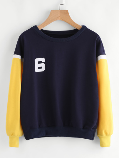 Contrast Sleeve Varsity Print Sweatshirt
