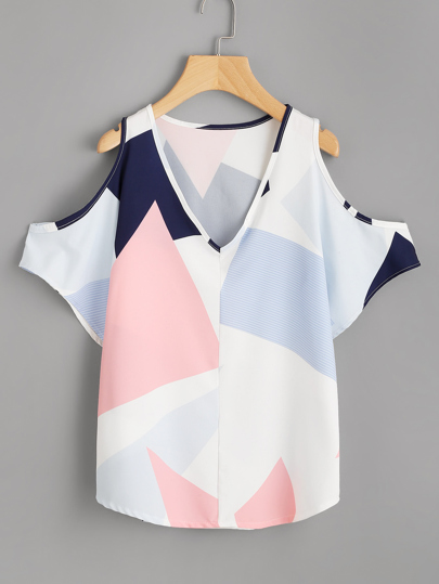 V Neckline Open Shoulder Geo Print Top