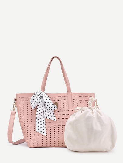 Scarf Decorated Cut Out Shoulder Bag & Drawstring Bag