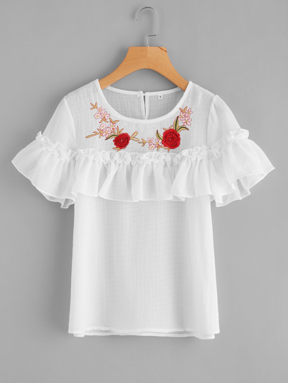 Flower Embroidery Frill Trim Top
