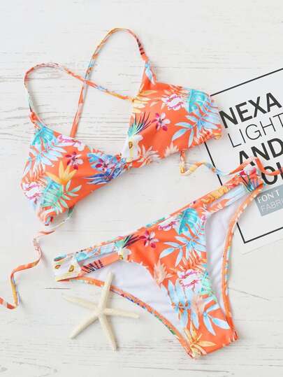 Bikini Set mit Blumenmuster und Kreuz hinten