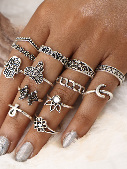 Ring Set 13pcs mit Krone und Blumen Design