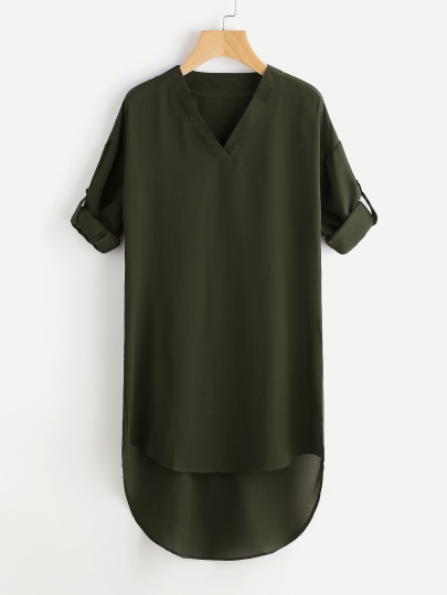 Drop Shoulder Roll Tab Sleeve Dip Hem Dress