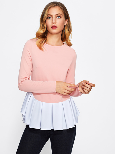 Contrast Curved Pleated Hem Top