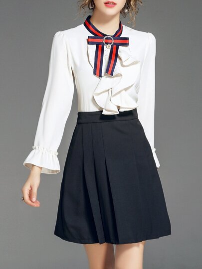 Bowknot Neck Ruffle Color Block Dress