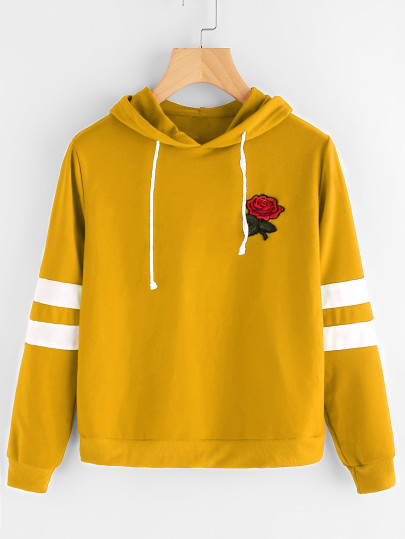 Rose Patch Stripe Sleeve Drawstring Hoodie
