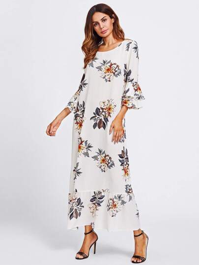 Layered Bell Sleeve Floral Kaftan Dress