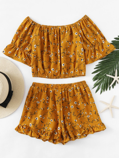 Bardot Calico Print Crop Top With Frill Hem Shorts