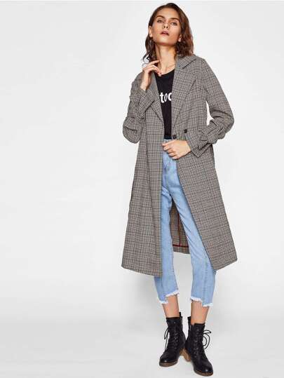 Belted Cuff And Waist Plaid Coat