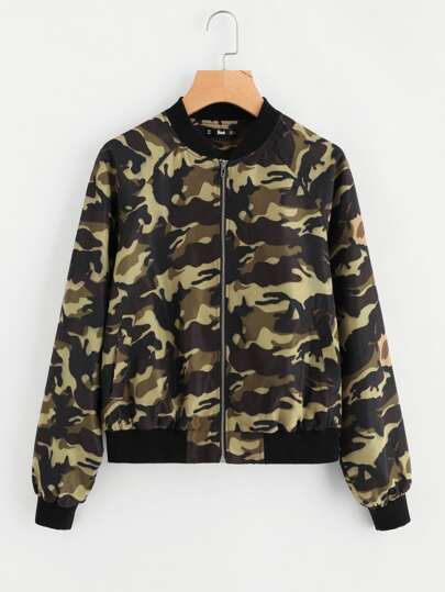 Raglan Sleeve Camo Bomber Jacket