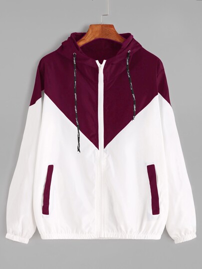 Color Block Drawstring Hooded Zip Up Jacket