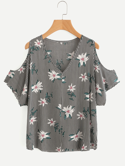 V Neckline Open Shoulder Calico Print Striped Top