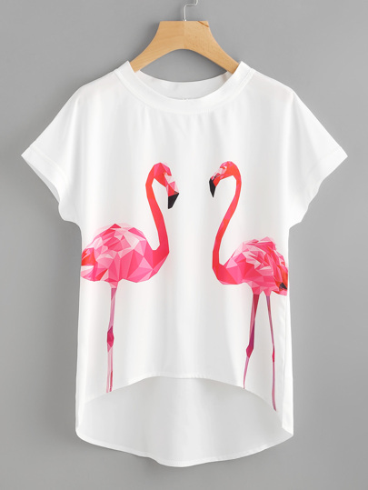 Flamingo Print Batwing Sleeve Dip Hem Top