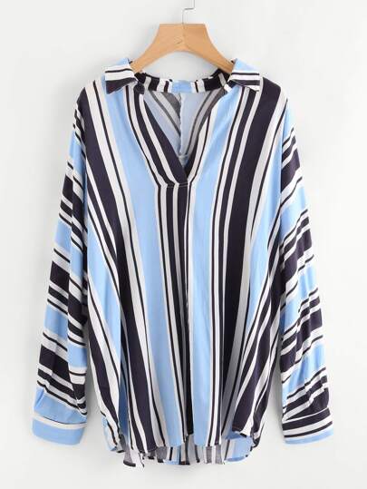 Buttoned Back Mixed Stripe Plunge Blouse