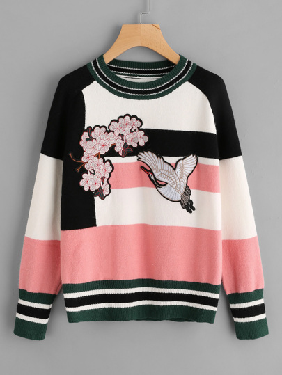 Color Block Embroidered Patch Sweater