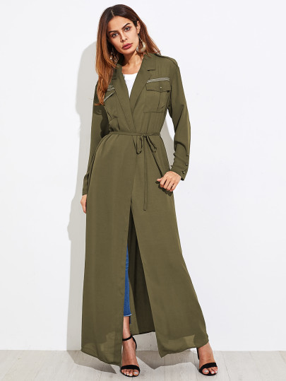 Embroidered Tape Embellished Flap Pocket Wrap Coat