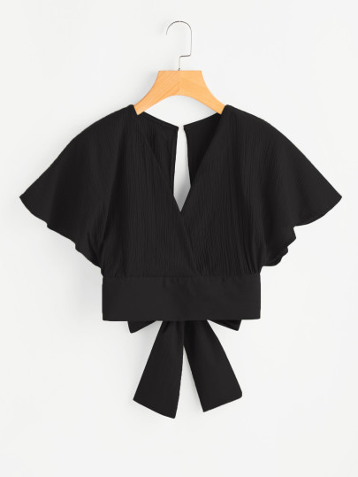 Deep V-cut Keyhole Back Bow Tie Blouse