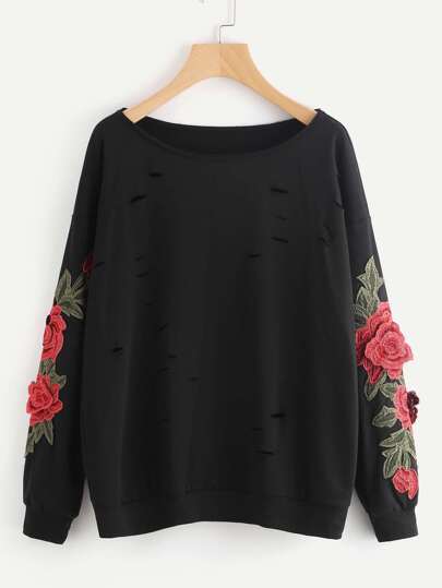 3D Flower Applique Ripped Sweatshirt