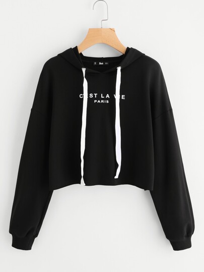 Drop Shoulder Raw Hem Crop Hoodie