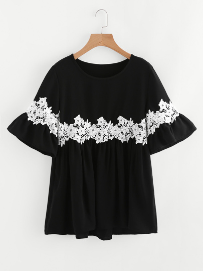 Contrast Crochet Appliques Babydoll Blouse