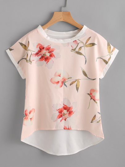 Dolman Sleeve Dip Hem Florals Top