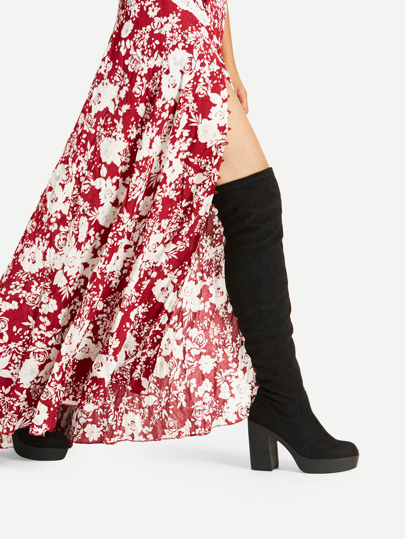 Side Zipper Block Heeled Over The Knee Boots