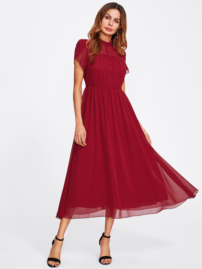 Half Placket Tulip Sleeve Fit & Flare Dress