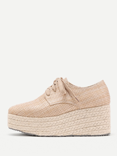 Square Toe Lace Up Straw Woven Wedges