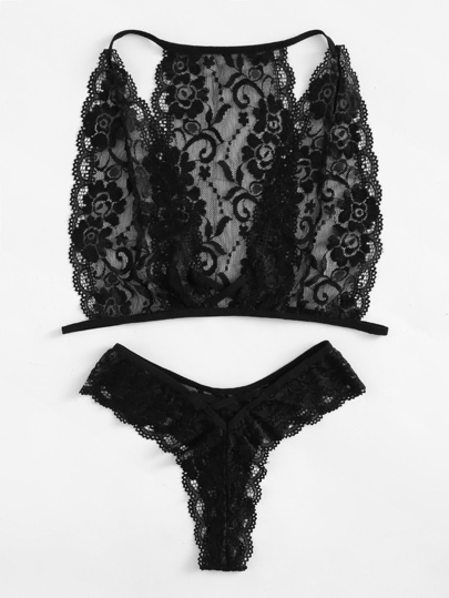 Scallop Trim Floral Lace Lingerie Set