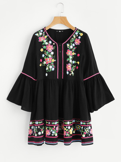 Fluted Sleeve Wave Tape Detail Flower Print Dress