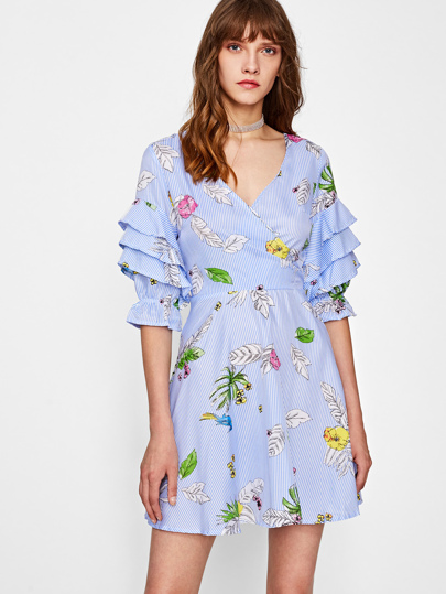 Layered Sleeve Overlap Front Mixed Print Dress