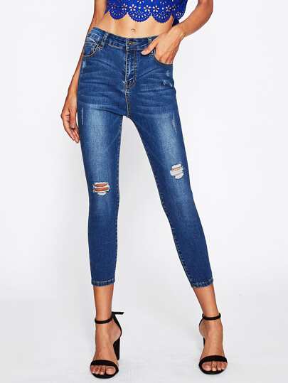 Bleach Wash Cropped Shredded Jeans