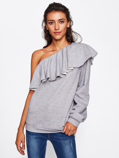 Flounce One Shoulder Heather Knit Sweatshirt