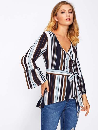 Flute Sleeve Barcode Stripe Surplice Top