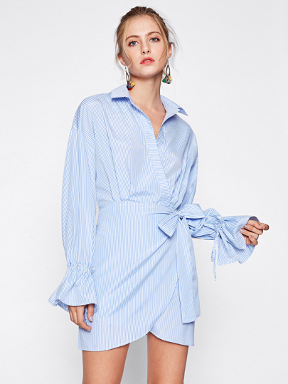 Drawstring Bell Cuff Surplice Wrap Shirt Dress