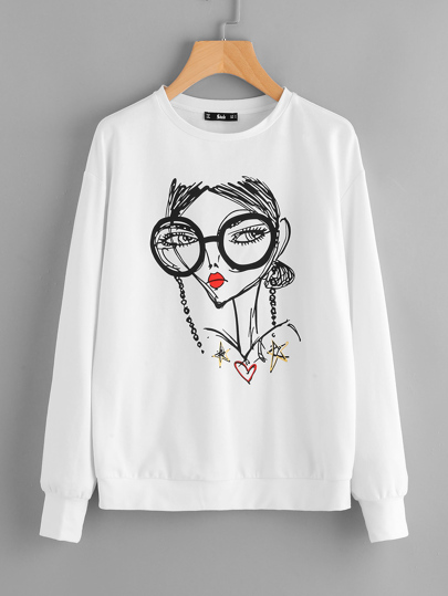 Sweatshirt mit Mädchenmuster und sehr tief angesetzter Schulterpartie