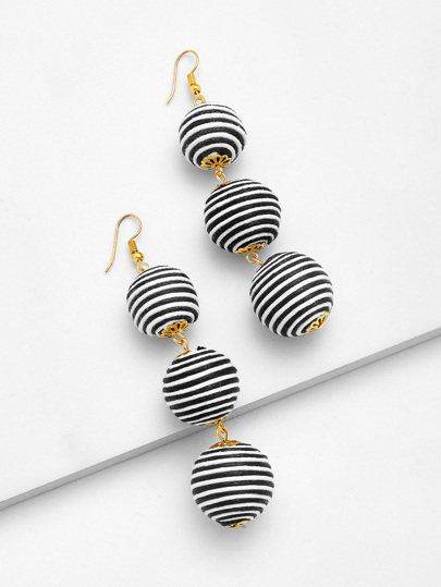 Striped Pom Pom Drop Earrings