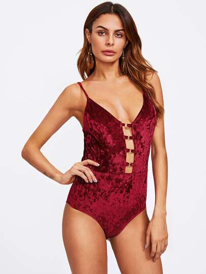O-Ring Laddering Front Crushed Velvet Bodysuit