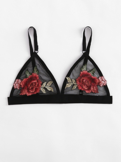 Embroidered Rose Applique Mesh Bralette