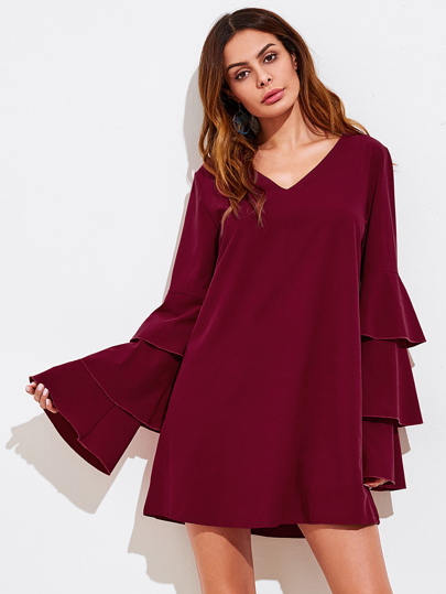 V-neckline Tiered Flute Sleeve Dress