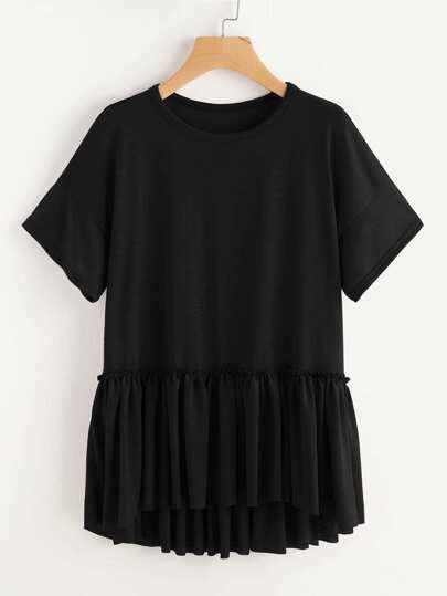 Drop Shoulder Frill Detail Dip Hem Tee