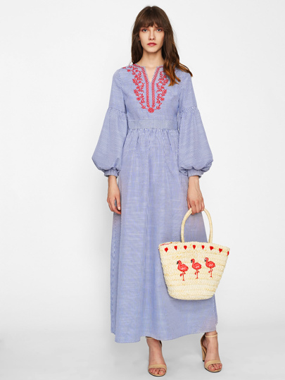 Lantern Sleeve Embroidered Striped Dress