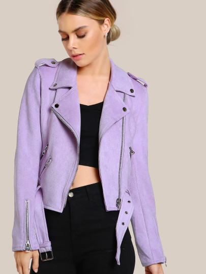 Belted Hem Asymmetric Zip Suede Biker Jacket