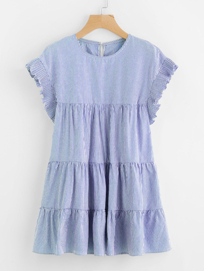 Vertical Striped Tiered Peasant Frill Dress