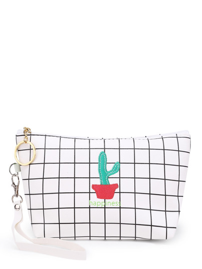Cactus Embroidery Grid Pouch Bag With Wristlet