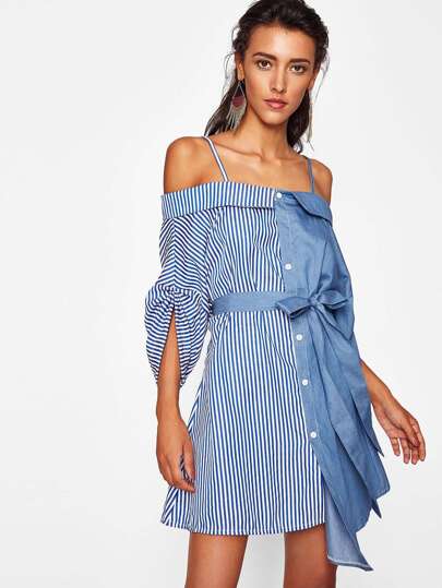 Striped Contrast Cold Shoulder Tie Waist Dress